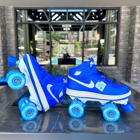 Blue J Jordan 1 Rollerskates w/ Swarovski crystals, Bont Glow Wheels - Picture 2 of 11